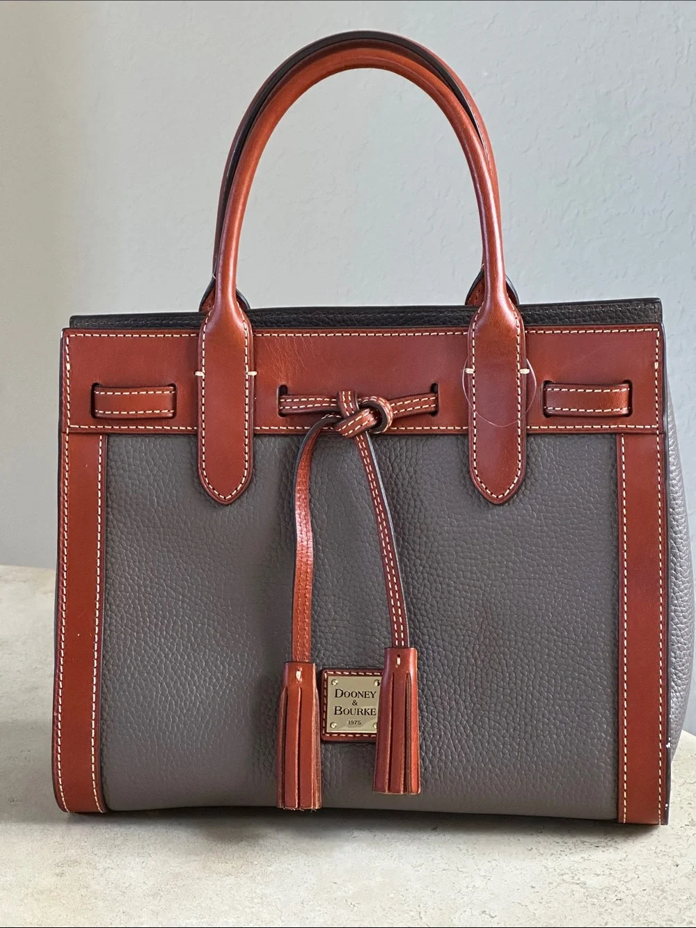 Dooney & Bourke Gray Satchel with Brown Trim